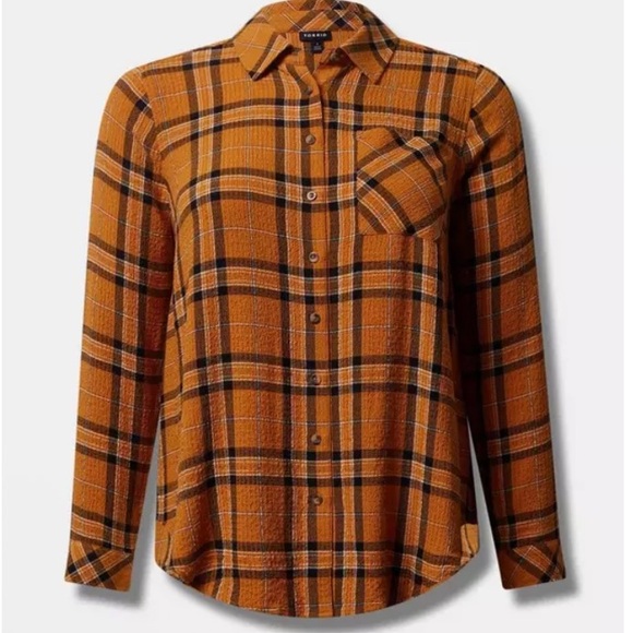 Torrid Lizzie Crinkle Flannel Gauze Button-Up Shirt Yellow Plaid 4X - Picture 4 of 11